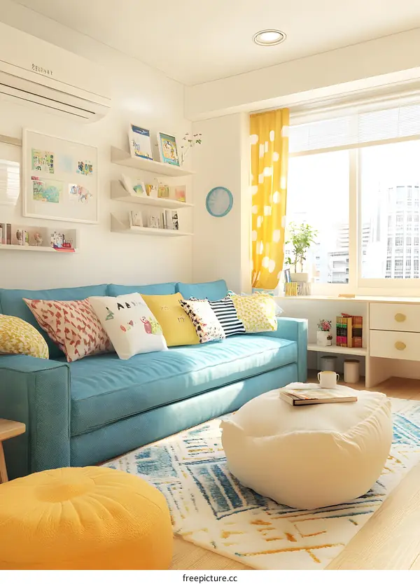 Cozy Yellow and Blue Living Room Interior Design