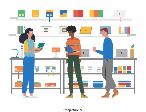 Three People In A Office Setting Discussing A Project