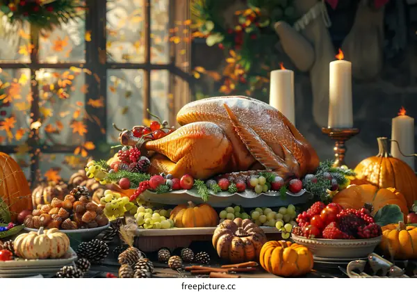 Thanksgiving Dinner Table Setting with Roasted Turkey