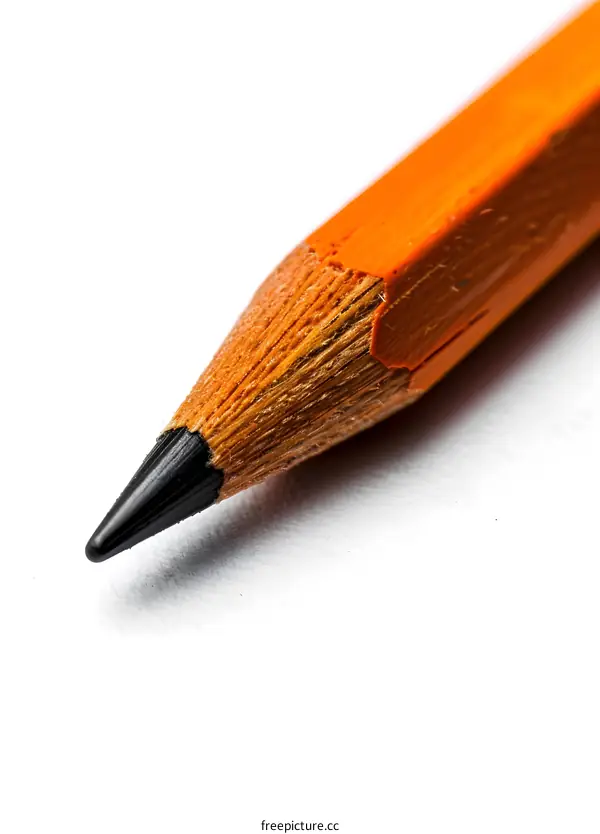 A close-up image of a sharpened orange pencil against a white background