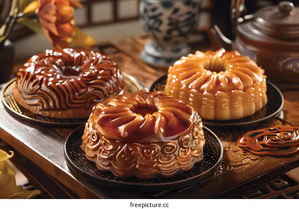 Three Delicious Caramel Cakes On Wooden Table