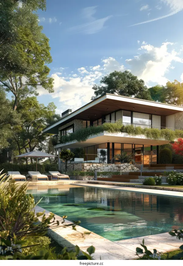 Modern Villa with Lush Landscaping and Pool