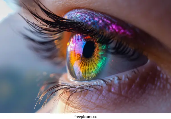 Close-up of a Woman's Eye with Glittery Rainbow Eyeshadow
