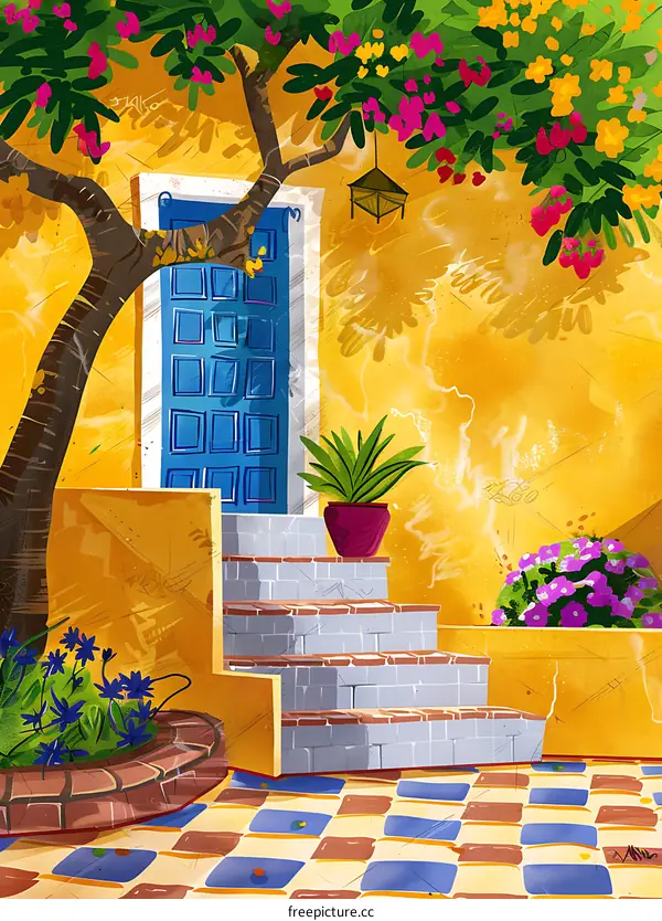 Colorful Illustration of a Doorway With Stairs