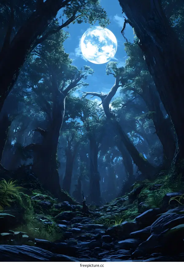 Dark Forest Path under the Full Moon