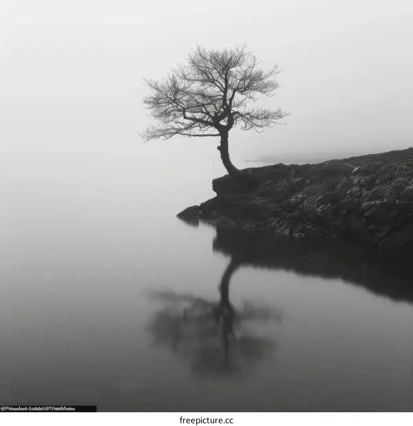 Solitude in the Fog: A Tree on a Rocky Shore