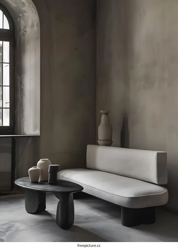 Modern Minimalist Interior Design with White Sofa and Black Coffee Table