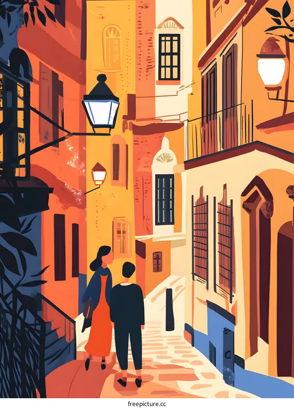 Couple Walking Through a Narrow Street in a European City