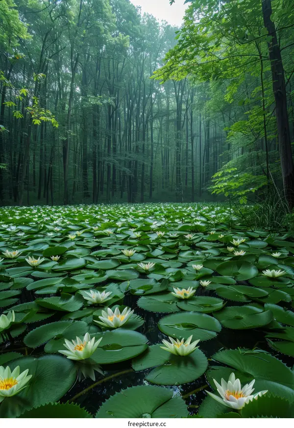 Serene Lily Pond in Misty Forest