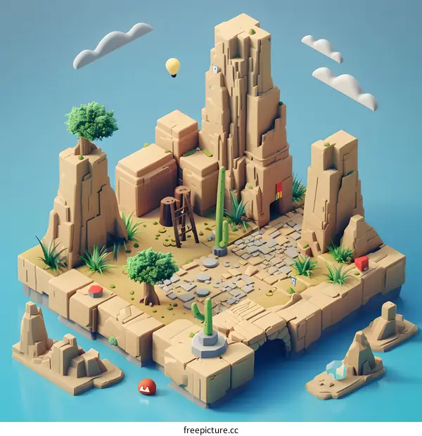 Low Poly Desert Landscape with Mountain and Cactus