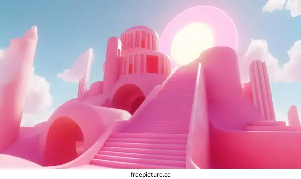 Pink Abstract Castle with Stairs and Sun