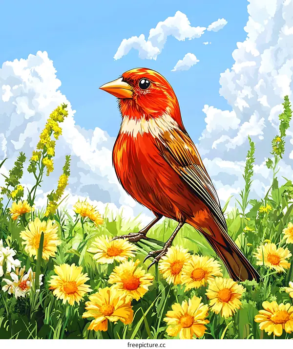Red Bird in a Field of Yellow Flowers