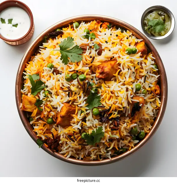 Indian chicken biryani with peas, served with yogurt and chutney
