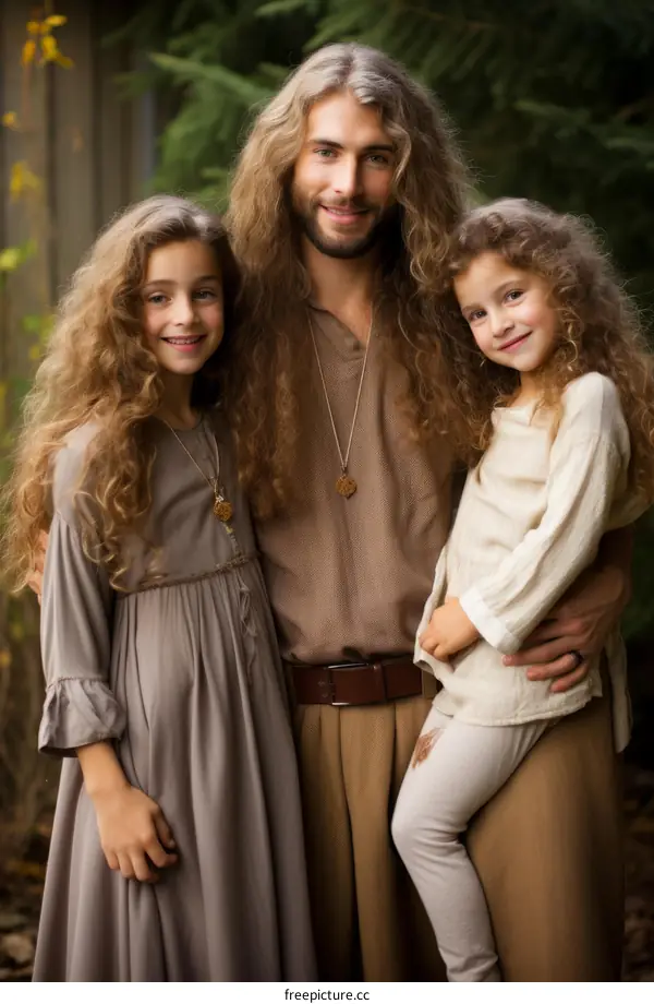 Long-haired father and daughters in matching outfits