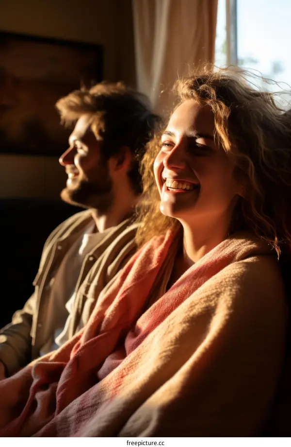 Young couple relaxing on sofa at home enjoying the warm sunlight