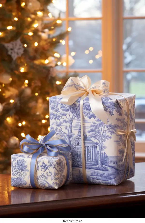 Blue and white Christmas presents with a blue and white background