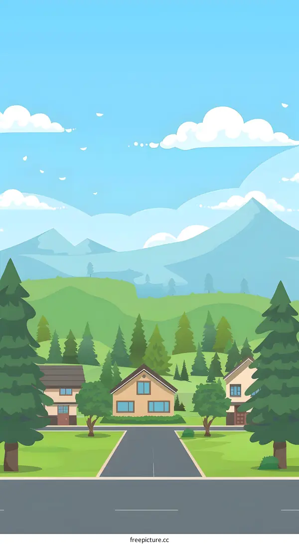 Cartoon Landscape with Green Hills and Mountains