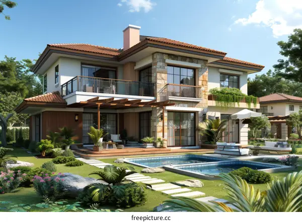 An illustration of a two-story house with a pool and a garden