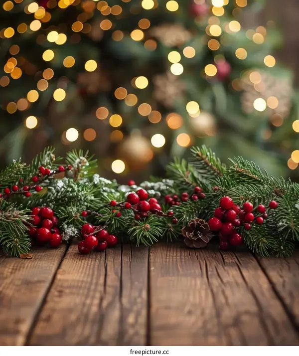 Festive Christmas Background with Fir Branches and Red Berries