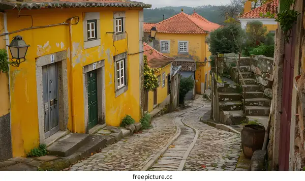 Cobblestone Street in a European Village with Yellow Buildings
