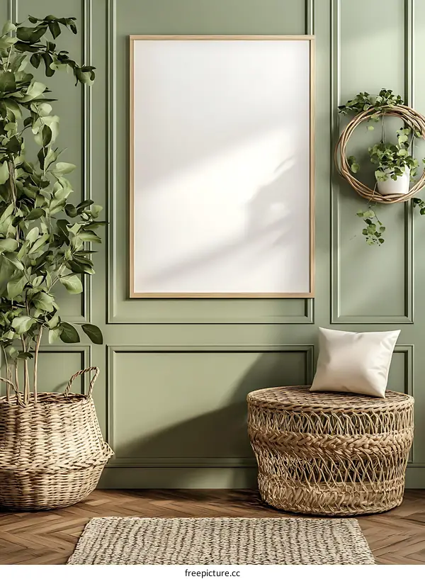 Empty Frame Mockup in Green Room with Plants and Baskets