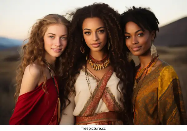 Three young women of different ethnicities wearing traditional clothing