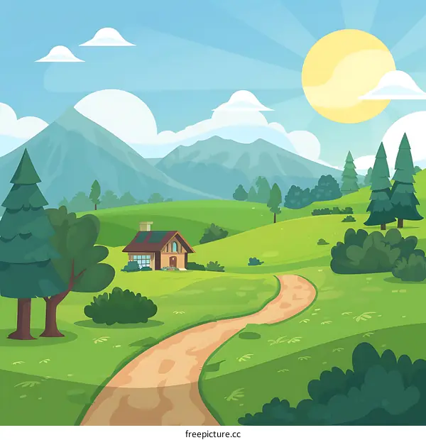 Beautiful Countryside with a Winding Road and a House in the Distance