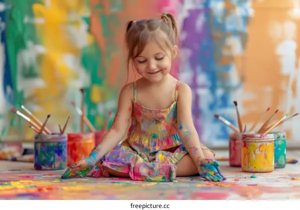 Little girl covered in colorful paint