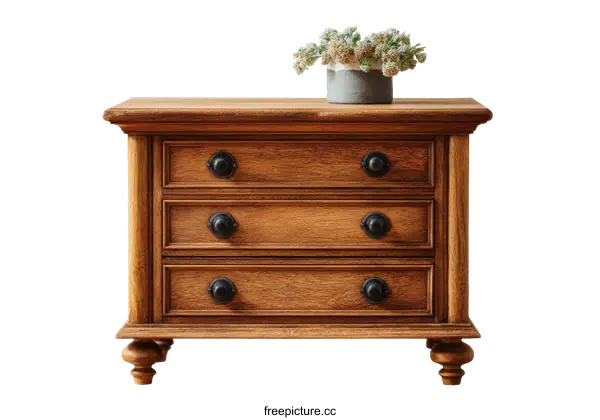 [Transparent Background PNG]Antique Wooden Chest of Drawers with Small Plant