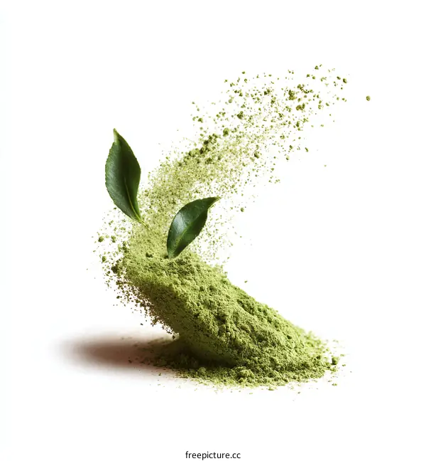 Exploding Green Matcha Powder with Leaves