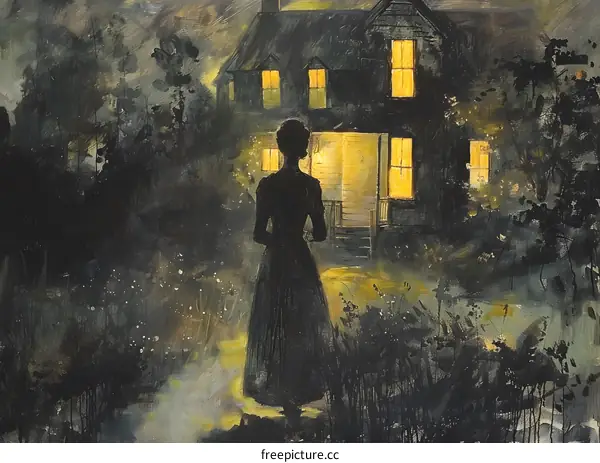 A woman standing alone in front of a house at night