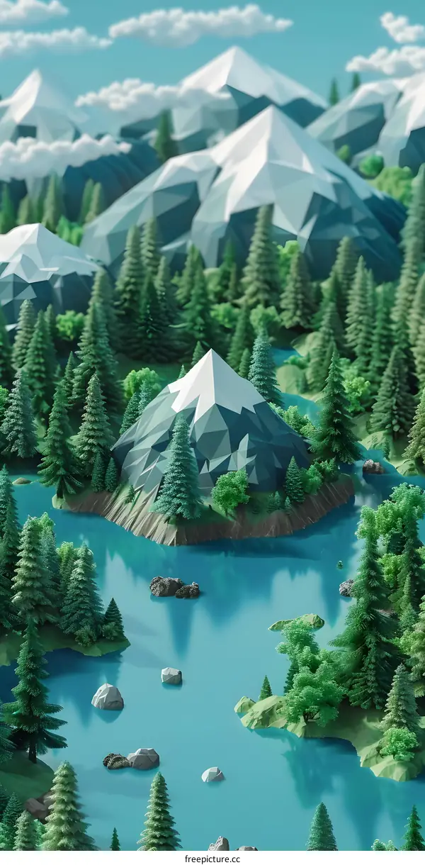 Low Poly Mountain Landscape with River and Forest