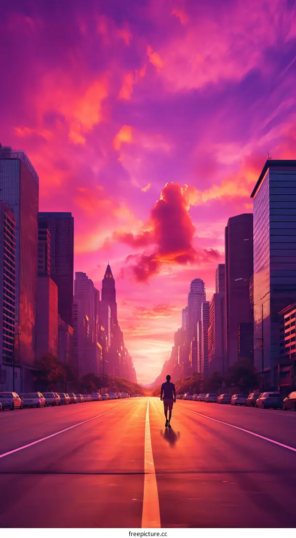 A Person Walking Towards the Sunset in a Modern City