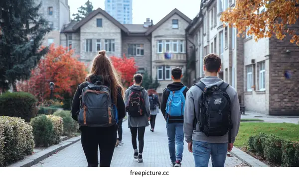 Students Walking on Campus Pathway in Autumn