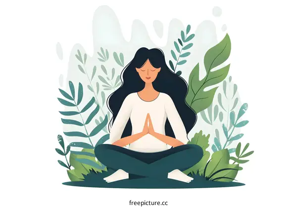 Woman Meditating in Nature with Green Plants
