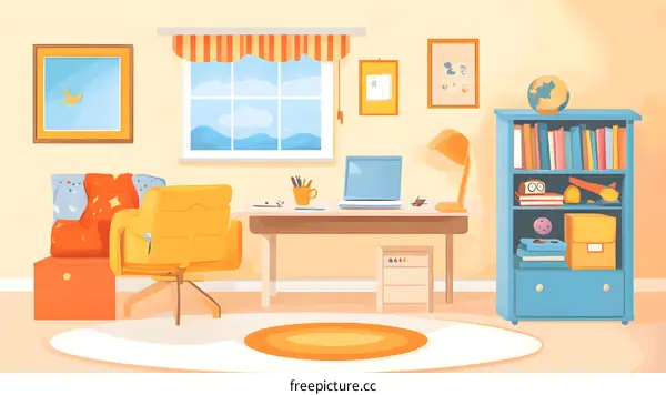 Yellow Chair In Front Of Desk In A Kids Room Illustration