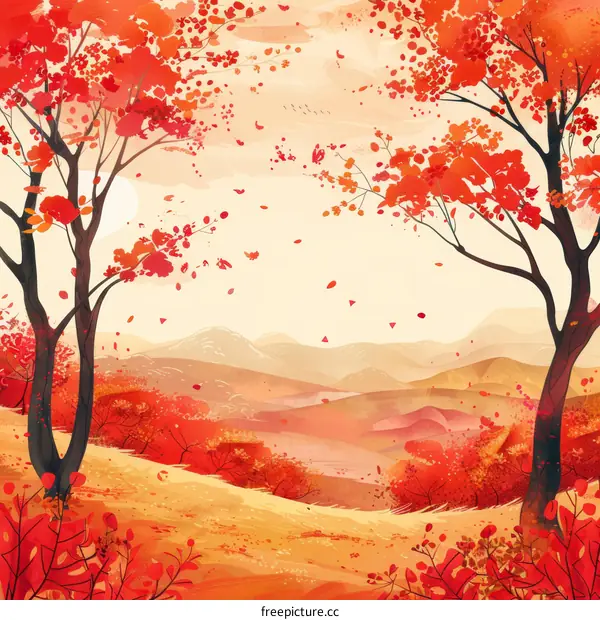 Autumn Mountain Landscape with River and Village