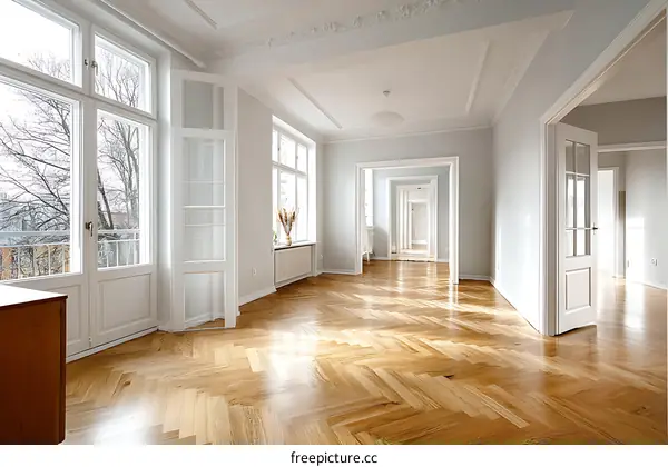 Spacious Empty Room with Hardwood Herringbone Flooring