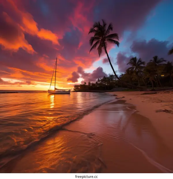 Tropical Sunset at the Beach with Sailboat