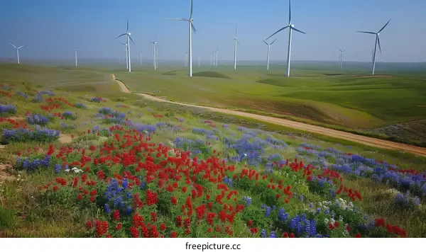 Wind turbines in a field of red and blue flowers