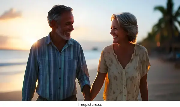 Happy Couple Walking on Beach at Sunset