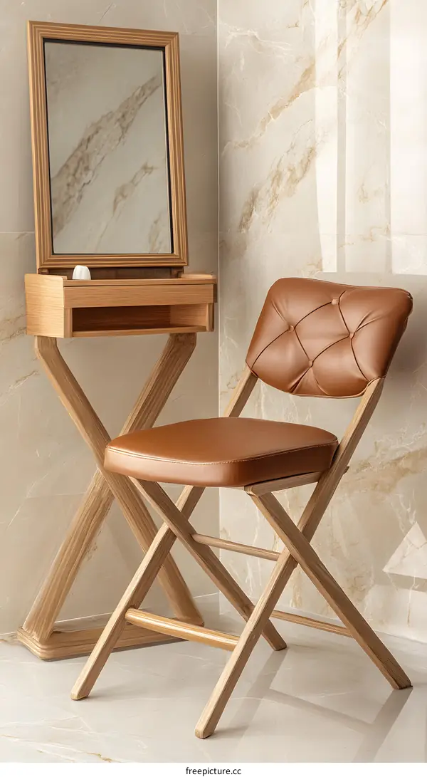 Modern Wooden Vanity Stool with Mirror and Leather Seat