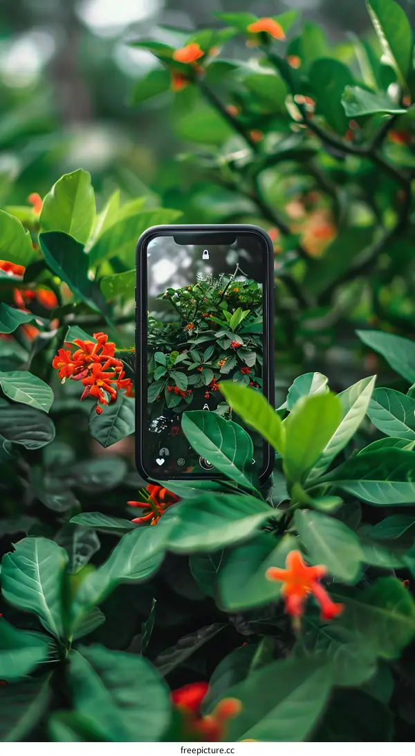 Smartphone with Nature Photography of a Bush with Red Flowers