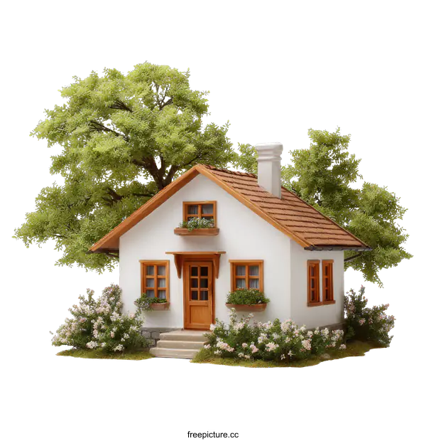 [Transparent Background PNG]Small House with Trees and Garden Illustration