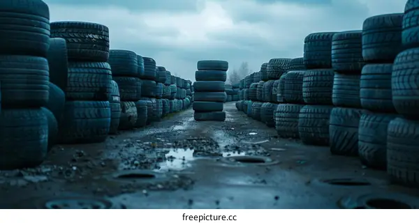 Pile of Discarded Tires at a Junkyard