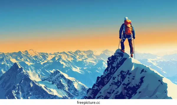 A mountaineer reaches the summit of a mountain and looks out over the壯麗的雪山景色