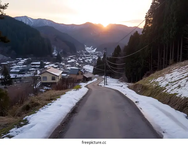 Snowy Road in the Japanese Village with Sunset View