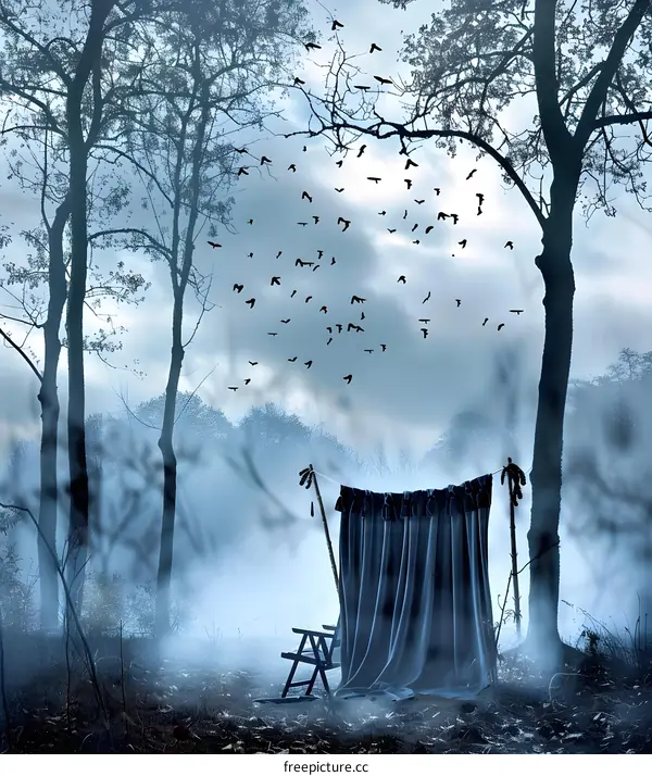 Dark Foggy Forest with Flock of Birds Flying Overhead