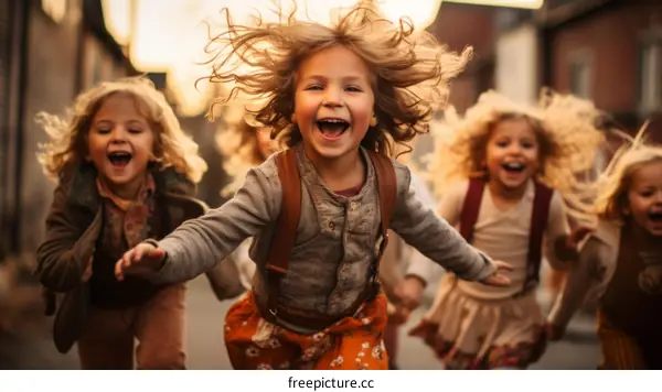 Four Happy Blonde Girls Running and Playing in the Street