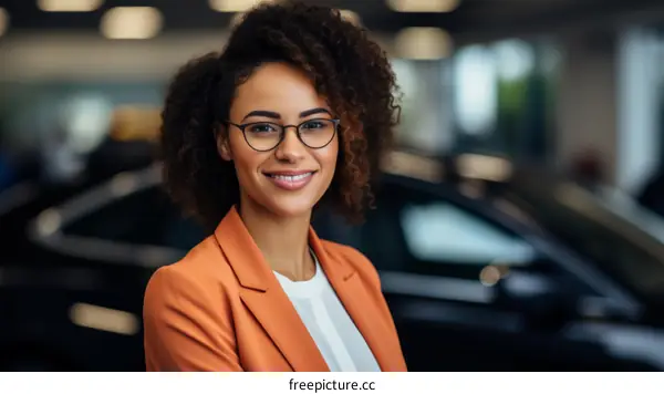 Portrait of a young African-American woman in a car dealership